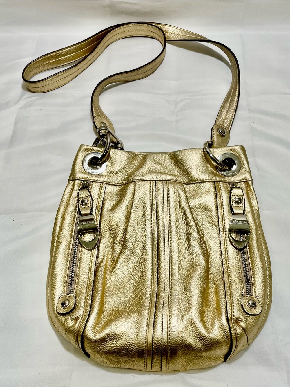 B Makowsky Pebble Leather Metallic Gold Crossbody Bag